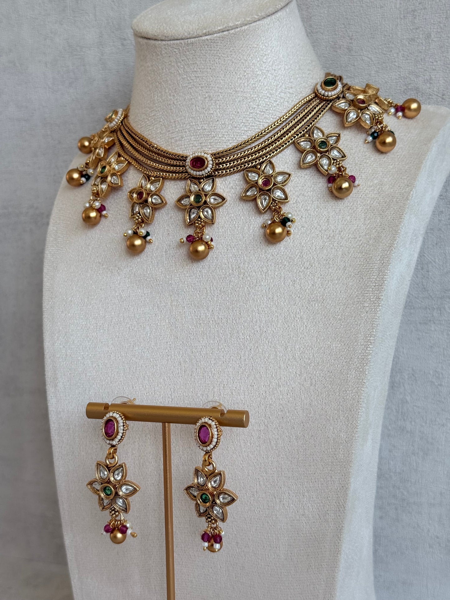 Ayura Designs Daksha Necklace Set with Earrings – Gold Layered Chain Necklace with Ruby Pink & Emerald Green Kundan Floral Motifs