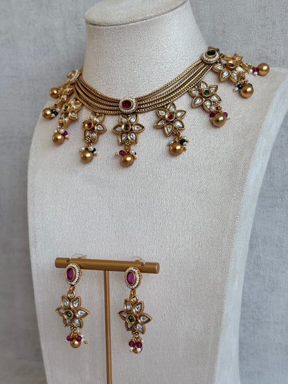 Ayura Designs Daksha Necklace Set with Earrings – Gold Layered Chain Necklace with Ruby Pink & Emerald Green Kundan Floral Motifs