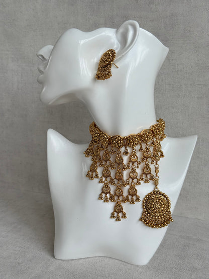 Ayura Designs Kimaya Choker Set with Earrings & Tikka – Gold Floral Waterfall Choker with Ghungroo Drops