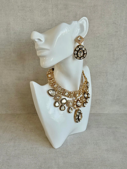 Ayura Designs Avani Set with Earrings & Tikka – Mirror-Cut Stones with Deep Blue Enamel Detailing & Crystal Borders
