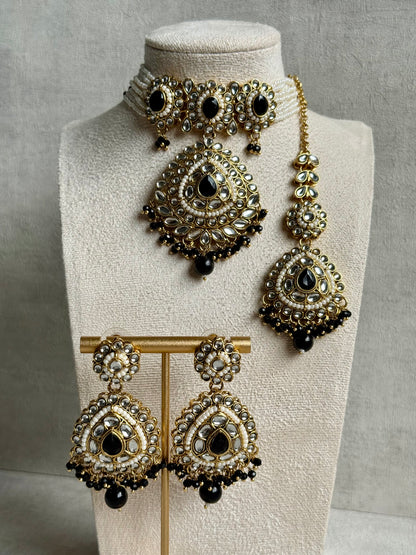 Ayura Designs Tehreem Set with Necklace, Earrings & Tikka – Mirror-Cut Stones, Ruby Red Beads & Antique Gold Finish