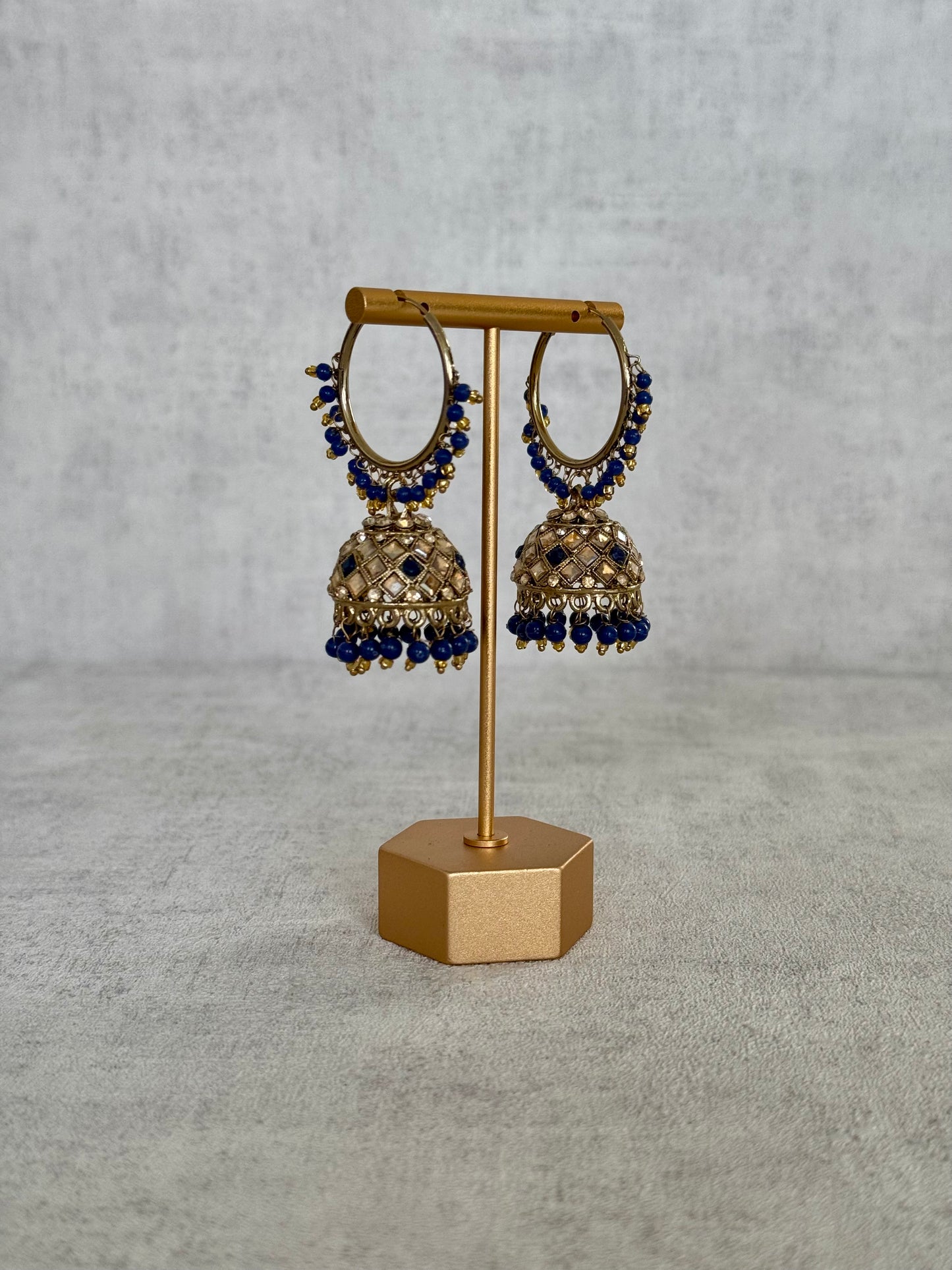 Ayura Designs Jugni Bali Jhumkas – Antique Gold with Royal Blue Beads