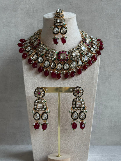 Ayura Designs Salma Set – Necklace, Earrings & Tikka with Mirror-Cut Kundan, Ruby Red Beads, Emerald Green Meenakari & Gold Finish