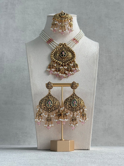 Ayura Designs Afia Necklace Set with Earrings & Tikka – Antique Gold, Blush Pink Pearls, Green Centre Stone & Peacock Motifs