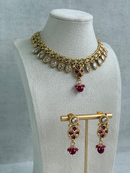 Ayura Designs Perniya Set with Necklace & Earrings – Mirror-Cut Stones with Rani Pink Accents in Antique Gold Finish