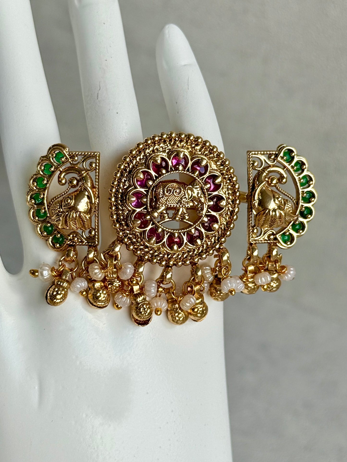 Ayura Designs Nira Adjustable Ring – Jadau-Inspired Gold Elephant Motifs with Rani Pink & Emerald Green Stones, Pearl Drops & Ghungroos
