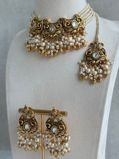 Ayura Designs Sneha Choker Set with Earrings & Tikka – Ivory Beads, Layered Pearl Detailing, Ghungroos & Antique Gold Finish