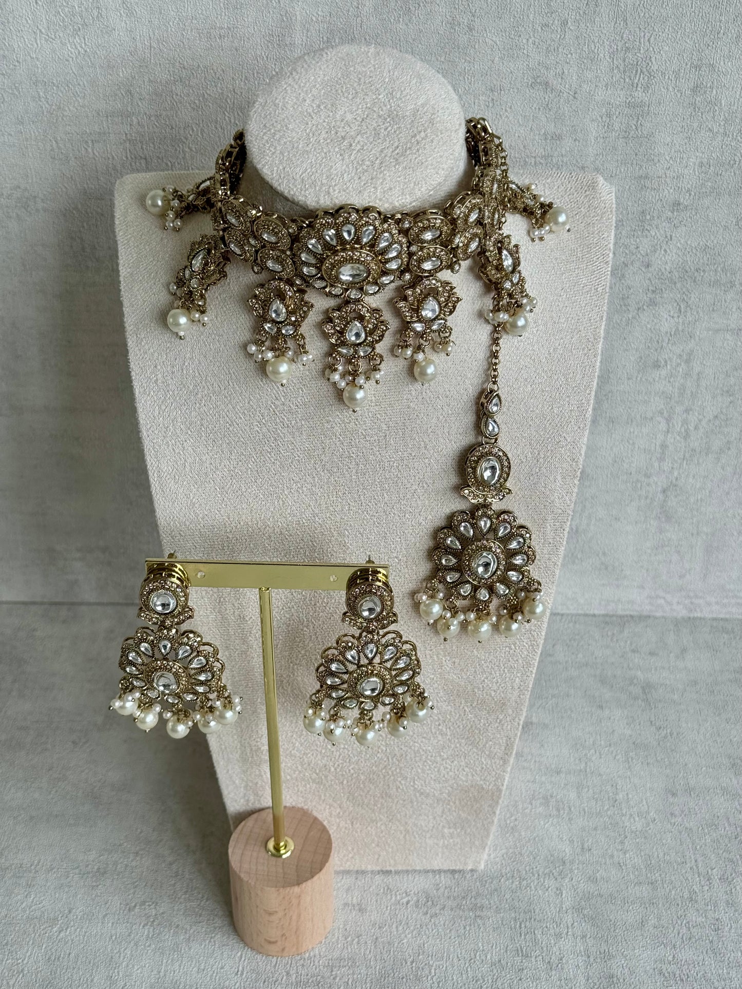 Ayura Designs Nevaya Set with Choker, Earrings & Tikka – Antique Gold with Mirror-Cut Stones & Pearl Drops