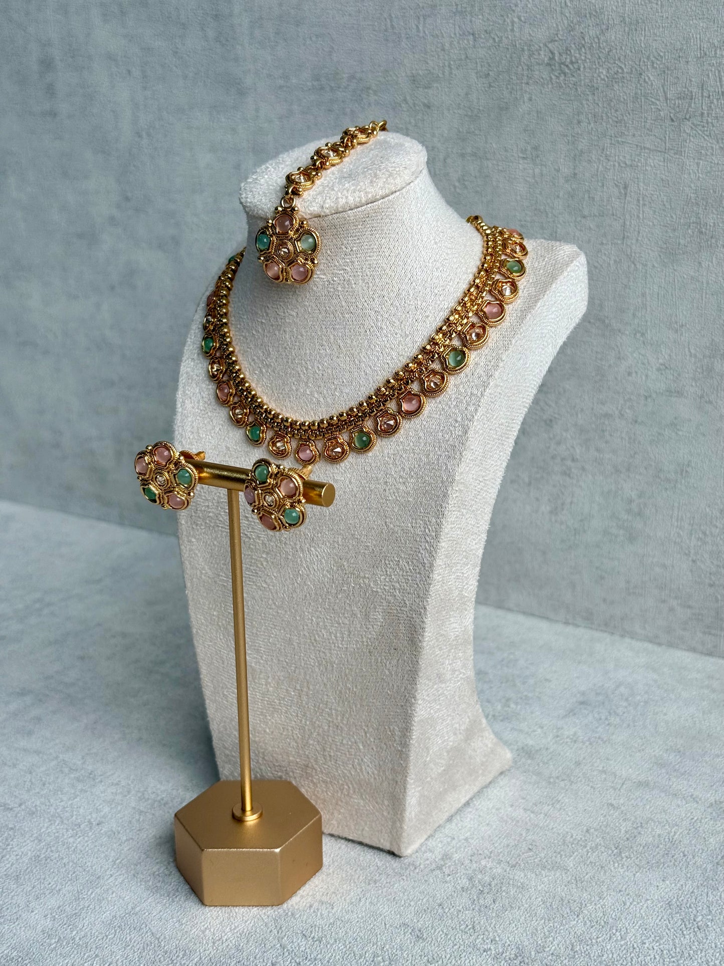 Ayura Designs Amala Set with Necklace, Studs & Tikka – Blush Pink & Pistachio Green Stones, Antique Gold Finish