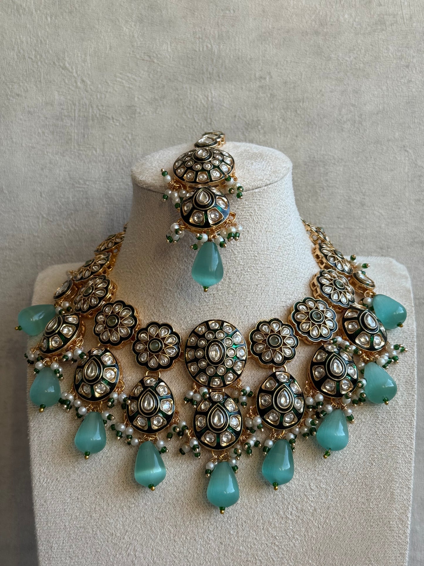 Ayura Designs Sumaira Set – Necklace, Earrings & Tikka with Kundan, Green Meenakari Detailing & Aqua Drops