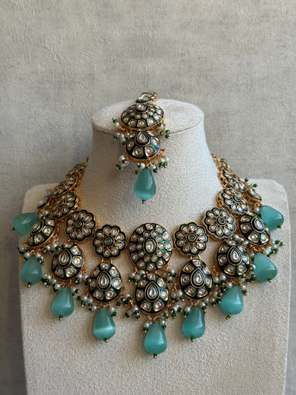 Ayura Designs Sumaira Set – Necklace, Earrings & Tikka with Kundan, Green Meenakari Detailing & Aqua Drops