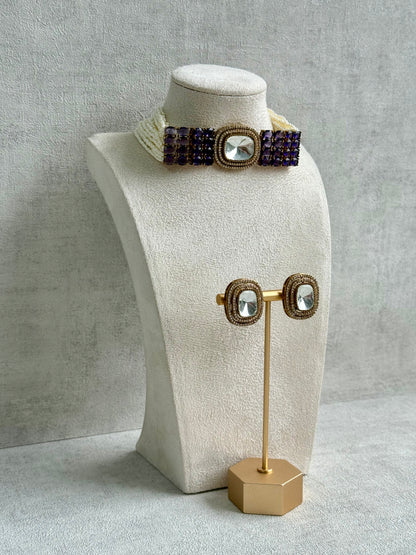 Ayura Designs Emma Choker Set – Deep Violet Gemstone Choker & Studs with Mirror-Cut Centrepiece, Pearl Strands & Crystal Borders