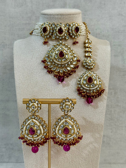 Ayura Designs Tehreem Set with Necklace, Earrings & Tikka – Mirror-Cut Stones, Ruby Red Beads & Antique Gold Finish