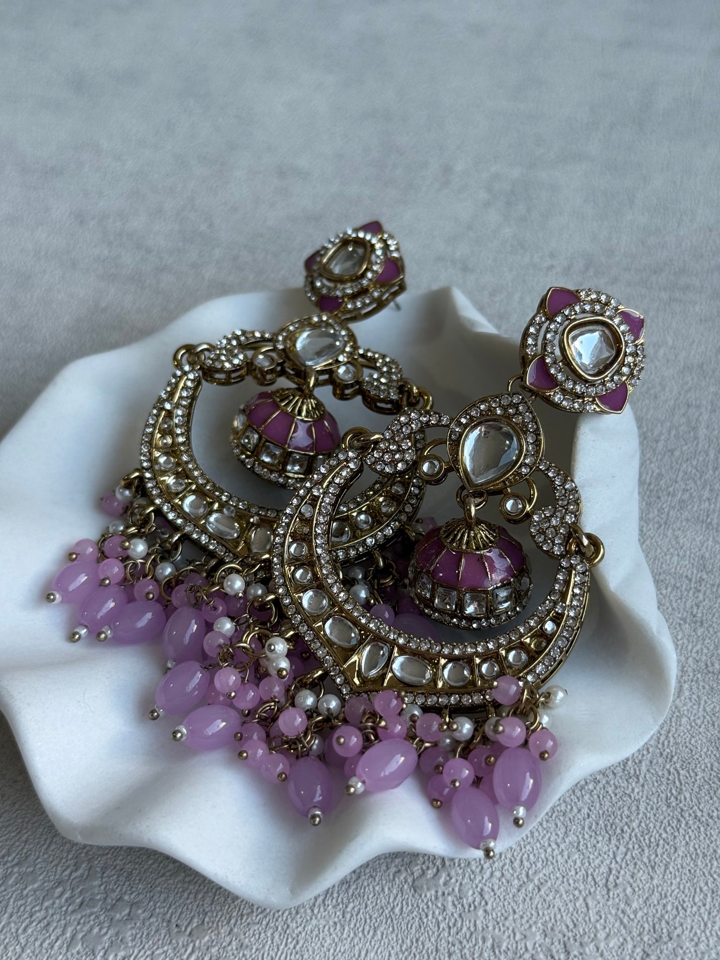 Ayura Designs Reha Earrings – Statement Chandbalis with Lavender Pink Beads, Pearls & Mirror-Cut Stones