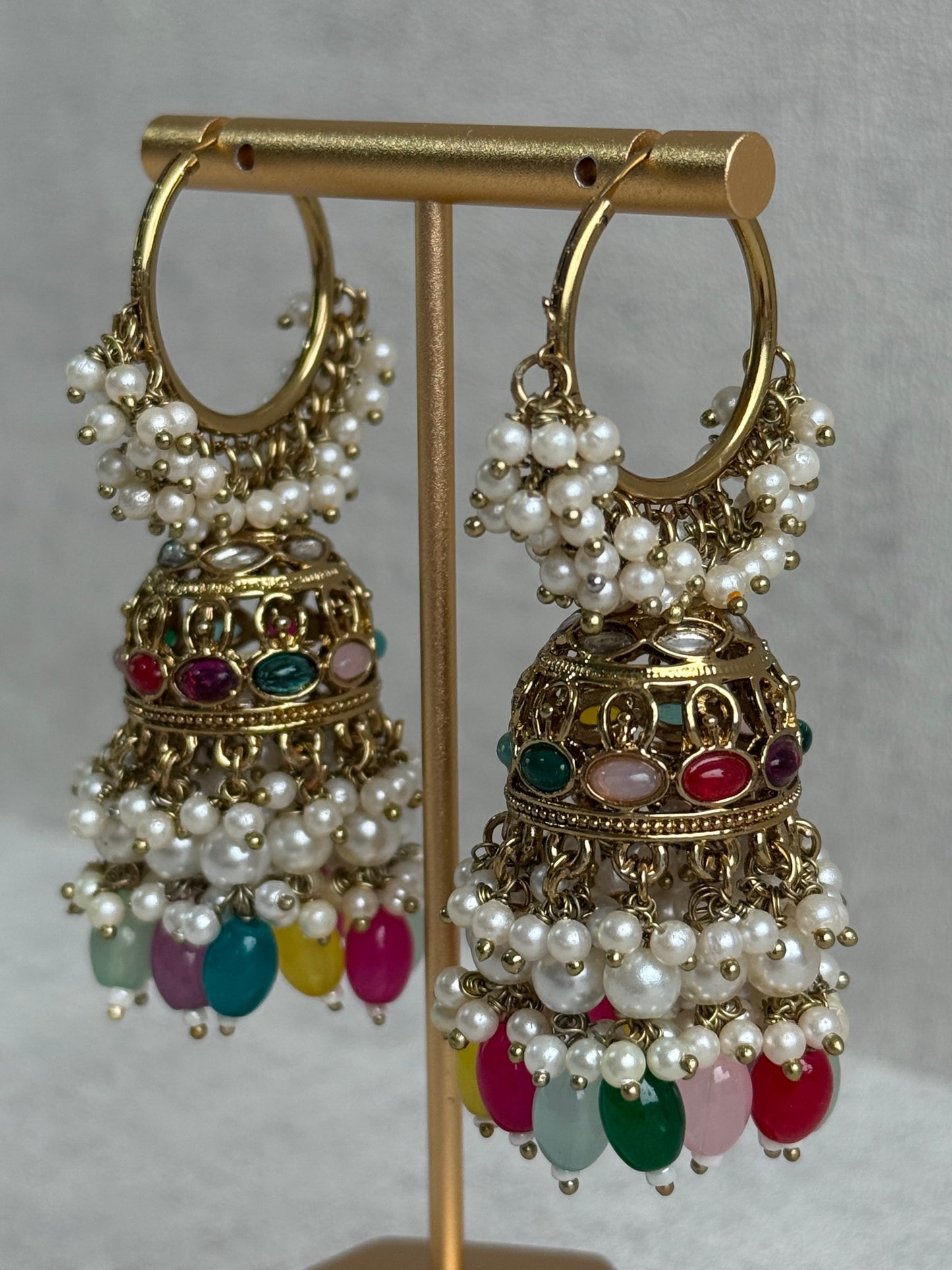 Ayura Designs Jugni Jhumkis – Antique Gold Balis with Multicolour Beads & Pearl Clusters