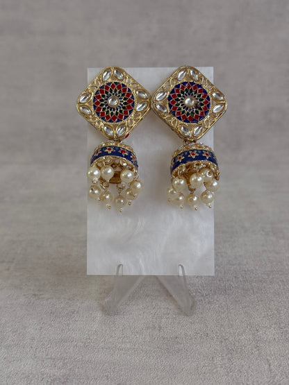 Ayura Designs Rangoli Jhumkis – Midnight Blue & Ruby Red Meenakari with Pearl Drops in Antique Gold Finish
