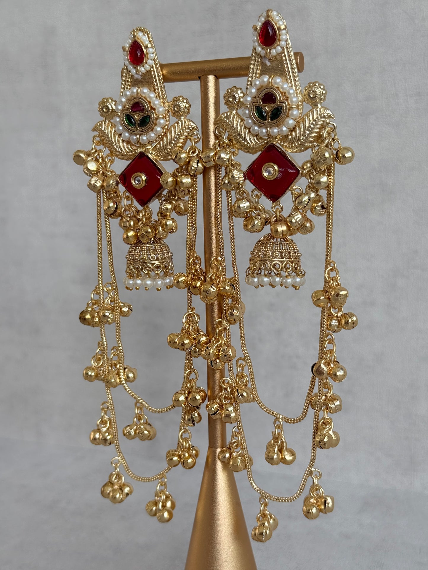 Ayura Designs Simal Earrings – Kashmiri Earrings with Red Stone, Multicoloured Detailing, Layered Ghungroo Chains & Jhumkis