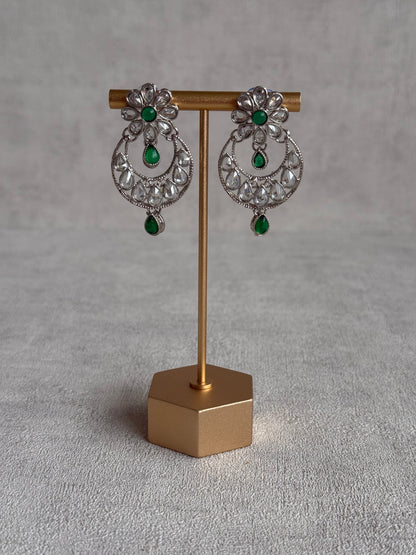 Ayura Designs Qirat Set with Necklace, Earrings & Tikka – Mirror-Cut Stones with Emerald Green Detailing in Silver Finish