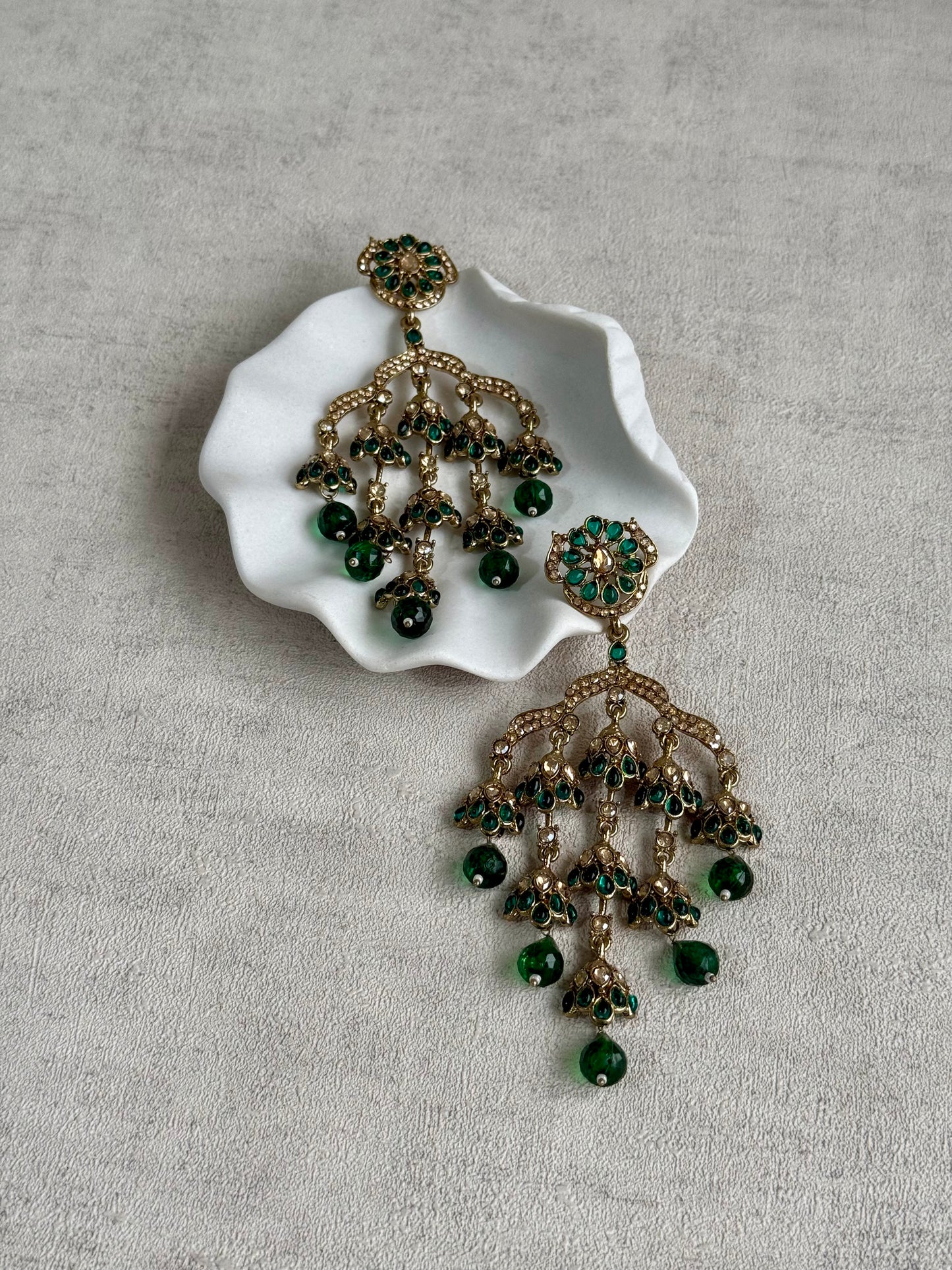 Ayura Designs Jasmine Earrings – Chandelier Earrings with Emerald Green Beads & Antique Gold Detailing