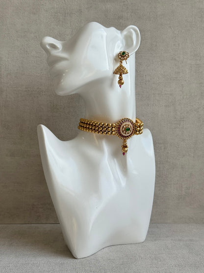 Ayura Designs Kavish Choker Set – Antique Gold Choker with Jhumkis in Rani Pink & Emerald Green with Pearl Detailing