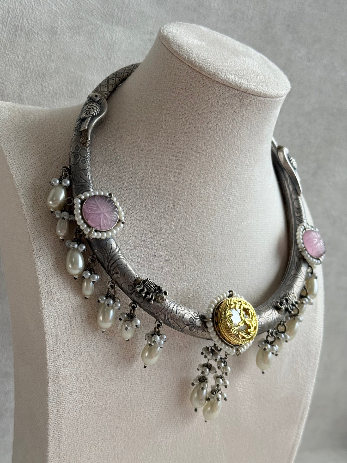 Ayura Designs Zareen Torque Necklace Set with Earrings – Dual Tone Oxidised Collar Necklace with Coin Detailing, Pearl Drops & Peacock Motifs