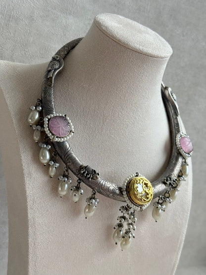 Ayura Designs Zareen Torque Necklace Set with Earrings – Dual Tone Oxidised Collar Necklace with Coin Detailing, Pearl Drops & Peacock Motifs