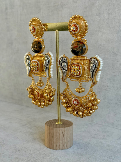 Ayura Designs Soha Earrings – Antique Gold with Smoky Amber Stone & Oxidised Parrots