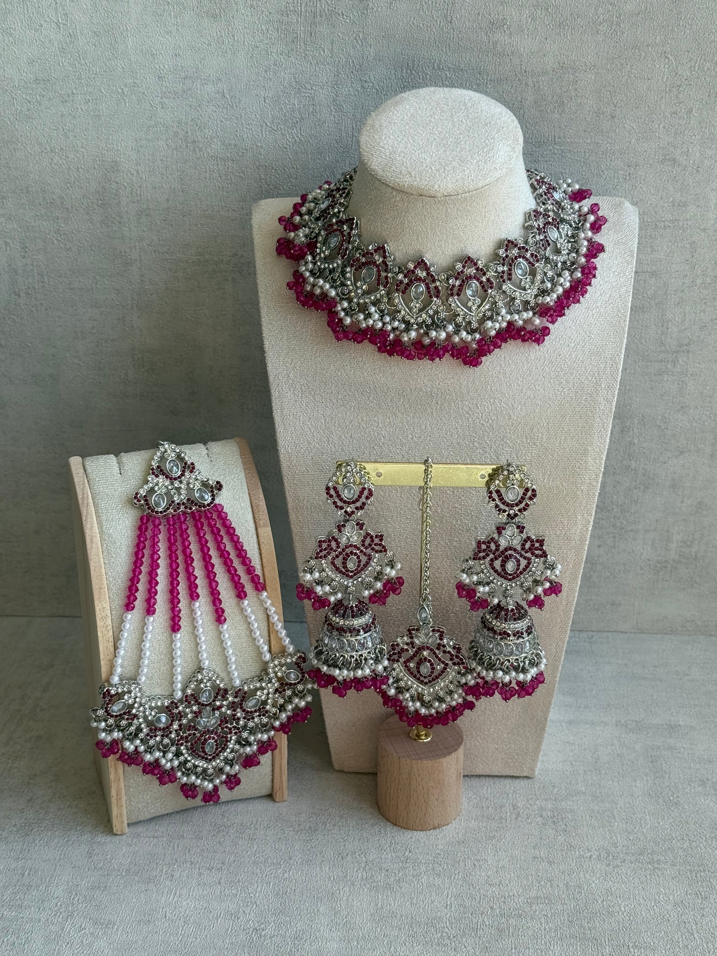 Ayura Designs Wania Set with Jhumkis, Tikka & Passa – Fuchsia Beads, Mirror-Cut Stones & Antique Silver Finish
