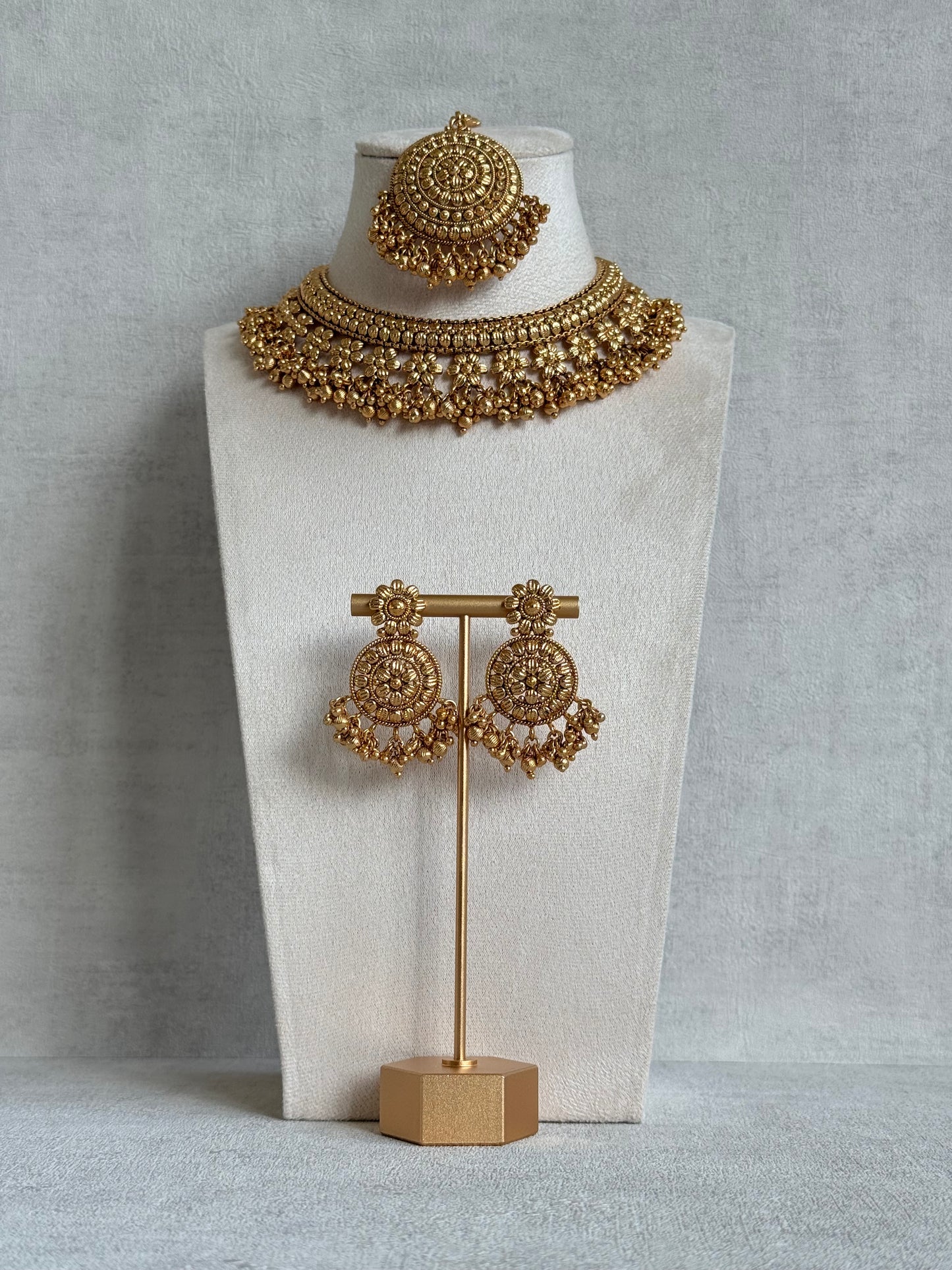 Ayura Designs Darya Necklace Set with Earrings & Tikka – Floral Antique Gold Statement Set with Ghungroo Detailing
