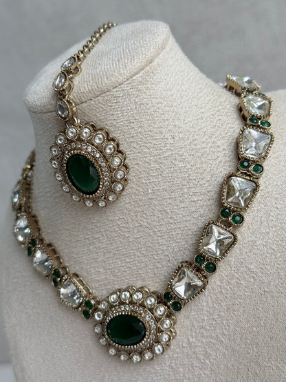 Ayura Designs Inza Necklace Set – Emerald Green Stones, Kundan & Crystals with Antique Gold Finish