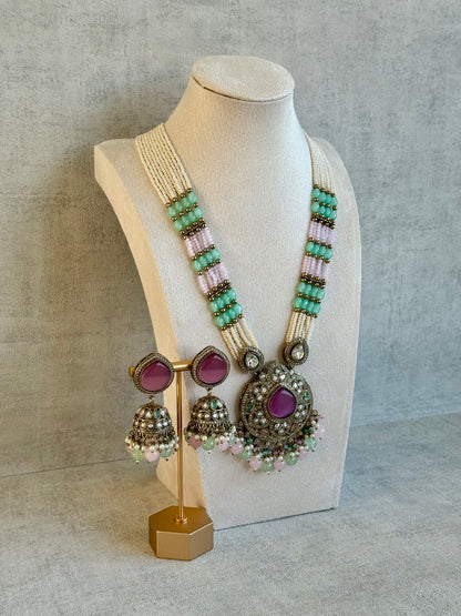 Ayura Designs Brielle Set – Necklace & Jhumkis with Mirror-Cut Stones in Berry Pink, Mint Green & Ivory