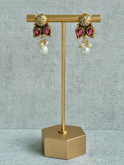Ayura Designs Mayura Necklace Set with Earrings – Antique Gold Meenakari Motifs with Pearl Drop & Rani Pink Stones