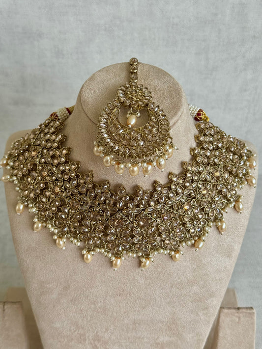 Ayura Designs Asees Bridal Set with Necklace, Studs & Tikka – Antique Gold with Pearl Detailing & Floral Motifs