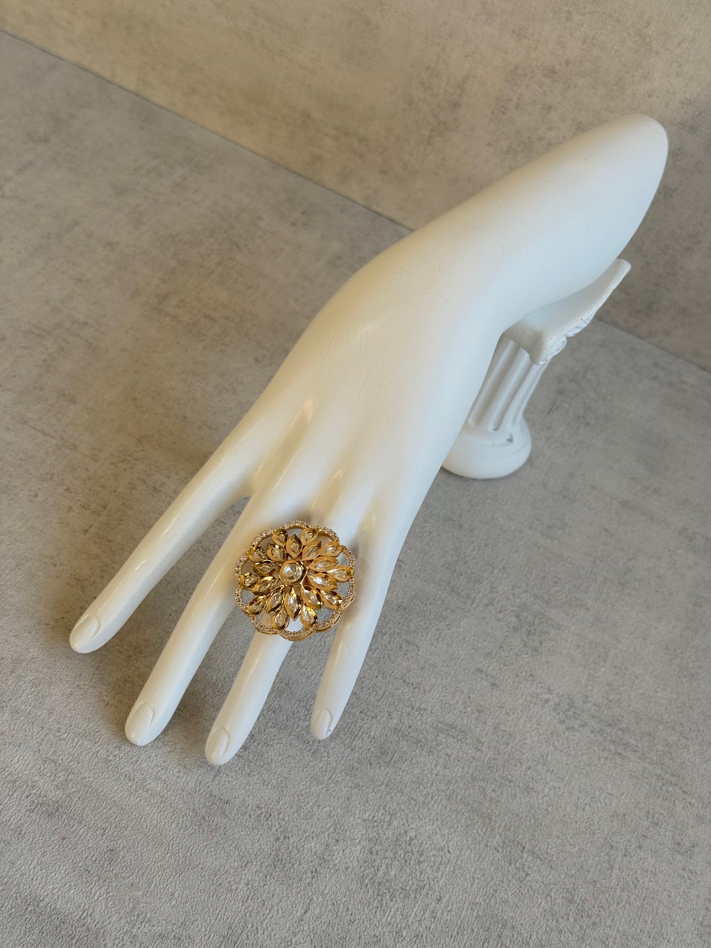 Ayura Designs Elisa Adjustable Ring – Moissanite Floral Ring with Clear Crystal Centre & Crystal Border