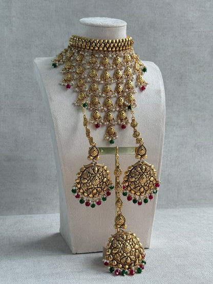 Ayura Designs Karima Choker Set with Sahare Earrings & Tikka – Waterfall Design, Rani Pink & Green Beads, Pearls & Antique Gold Finish