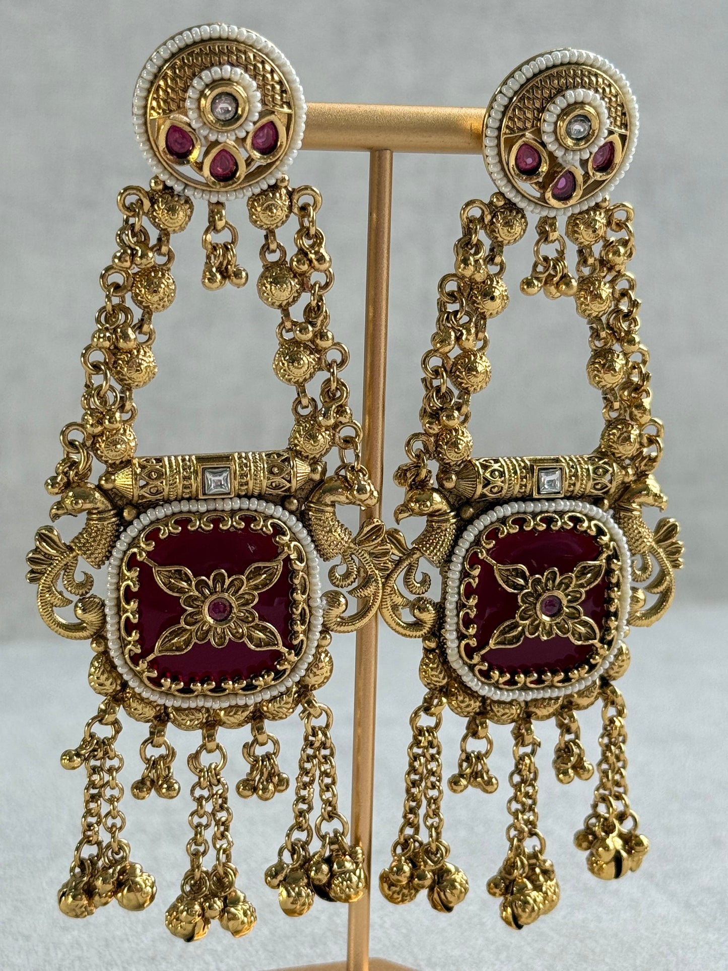 Ayura Designs Hazar Earrings – Gold Peacock Design with Ruby Red Enamel, Pearl Beading & Ghungroo Detailing