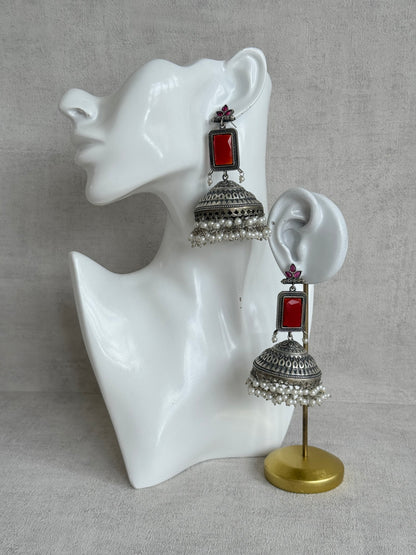 Ayura Designs Zeba Earrings – Oxidised Statement Jhumkis in Ruby Red & Pink Stones with Pearl Detailing