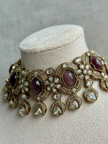 Ayura Designs Emanya Choker Set – Choker, Earrings & Tikka with Mirror-Cut Stones, Plum Mauve & Antique Gold Detailing