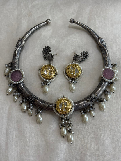 Ayura Designs Zareen Torque Necklace Set with Earrings – Dual Tone Oxidised Collar Necklace with Coin Detailing, Pearl Drops & Peacock Motifs