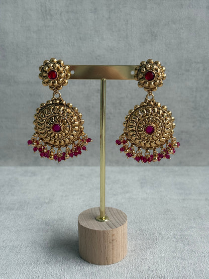 Ayura Designs Rummy Set – Statement Necklace, Earrings & Tikka with Rani Pink Beads and Polished Gold Finish