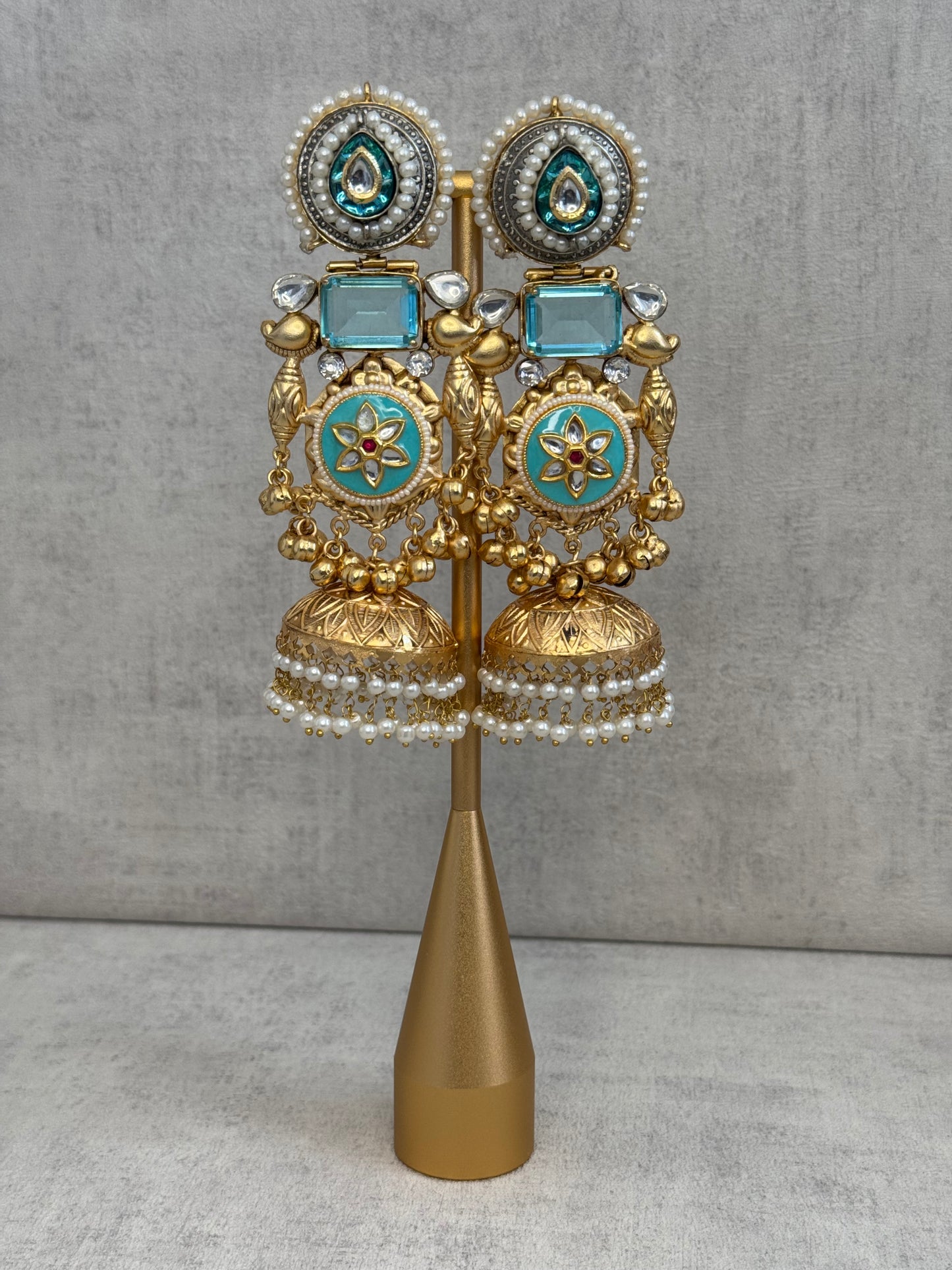 Ayura Designs Neelam Earrings – Handcrafted Gold-Toned Brass Statement Earrings with Blue Enamel, Kundan, Pearls & Jhumka Detailing