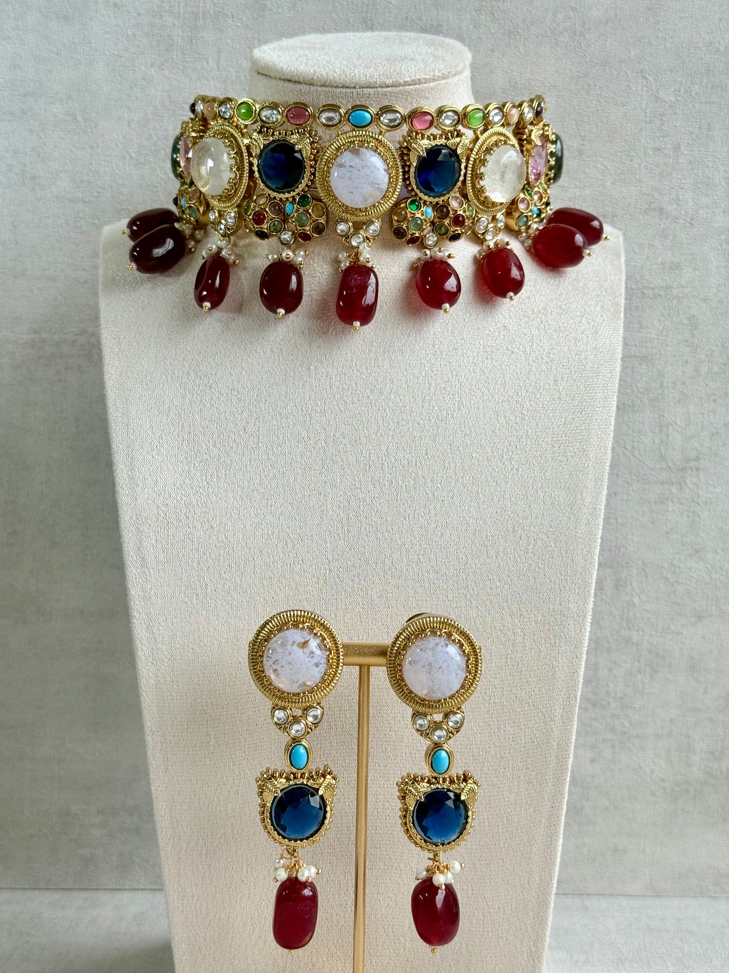 Ayura Designs Dahlia Choker Set with Earrings – Multicolour Stones, Crystal Detailing & Ruby Red Drops