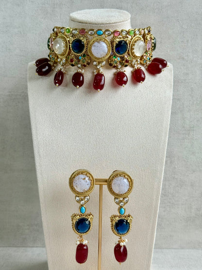 Ayura Designs Dahlia Choker Set with Earrings – Multicolour Stones, Crystal Detailing & Ruby Red Drops