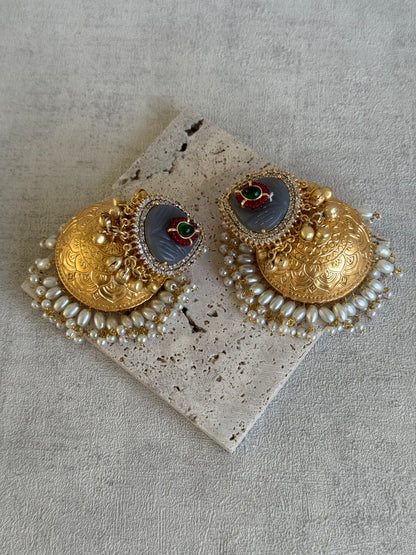 Ayura Designs Ziva Jhumkis – Handcrafted in Antique-Finish Brass with Grey Enamel Studs, Green Stone Detail & Pearl Clusters