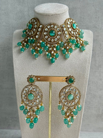 Ayura Designs Harper Set – Antique Gold Choker & Earrings with Mint Green Beads, Kundan Stones & Pearl Detailing