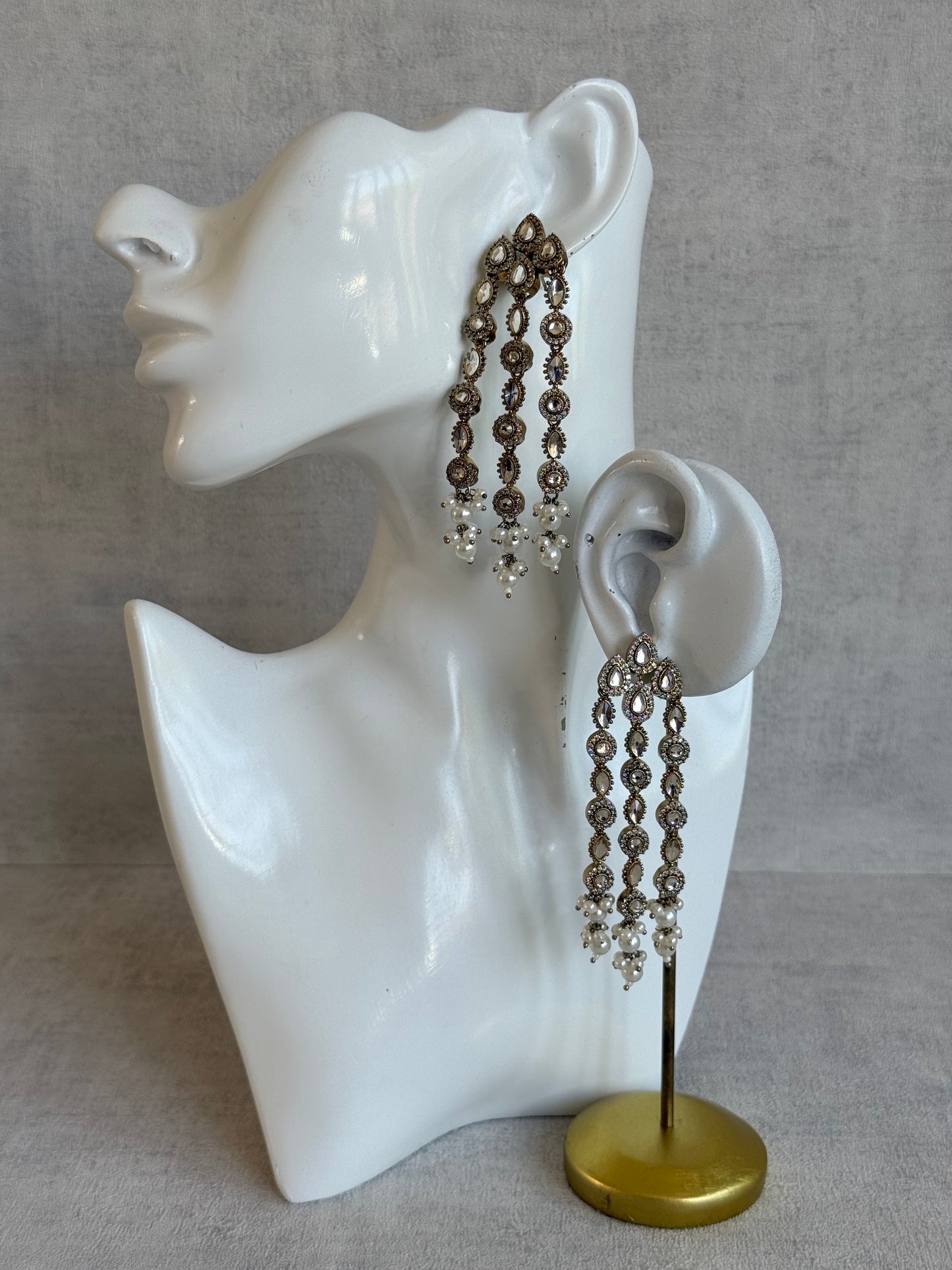 Ayura Designs Emilia Earrings – Gold Triple Strand Statement Earrings with Crystal Stones & Pearl Drops