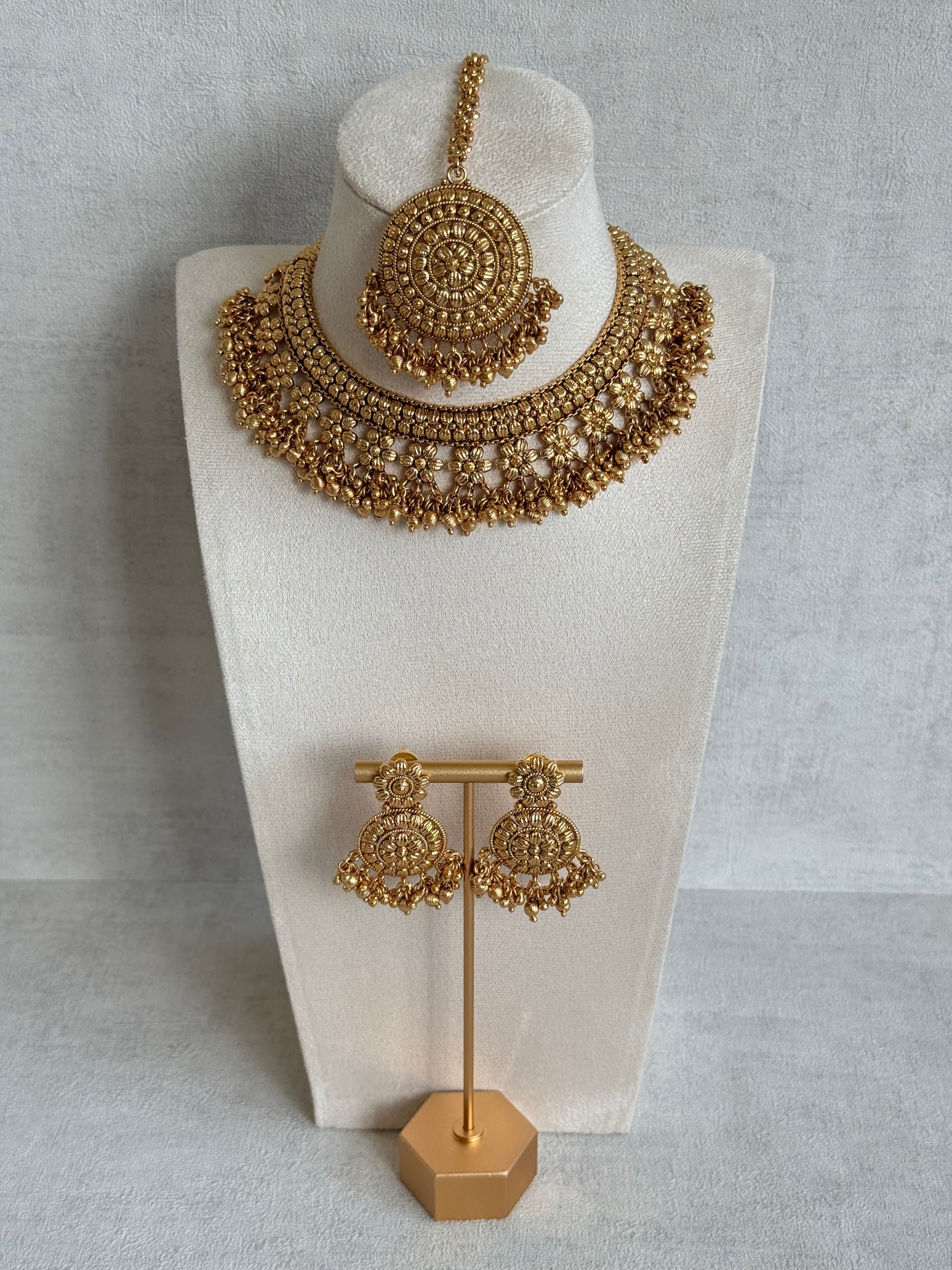Ayura Designs Darya Necklace Set with Earrings & Tikka – Floral Antique Gold Statement Set with Ghungroo Detailing