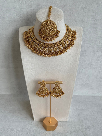 Ayura Designs Darya Necklace Set with Earrings & Tikka – Floral Antique Gold Statement Set with Ghungroo Detailing