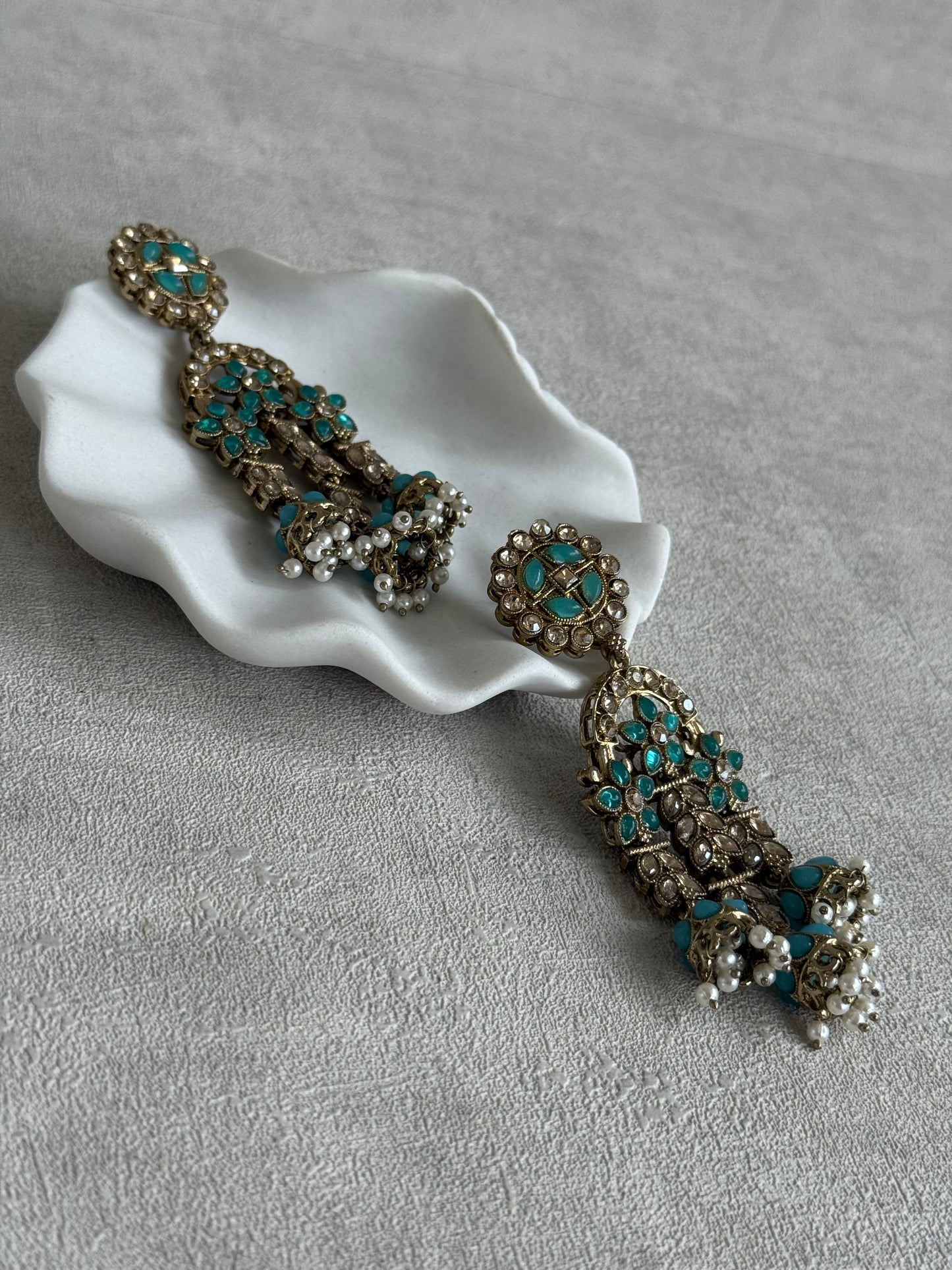 Ayura Designs Soraya Earrings – Turquoise Stones, Champagne Crystals, Pearl Detailing & Gold Finish