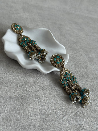 Ayura Designs Soraya Earrings – Turquoise Stones, Champagne Crystals, Pearl Detailing & Gold Finish